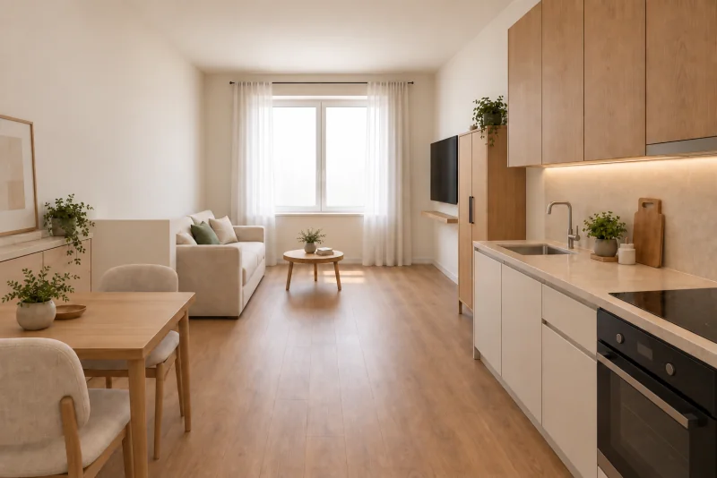 Render di progetto del monolocale A di via Tassoni 14: zona giorno verso la finestra