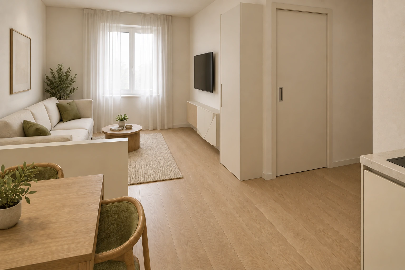 Render di progetto del monolocale B di via Tassoni 14: zona giorno verso la finestra